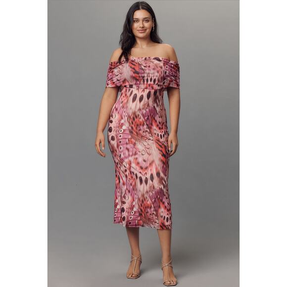AFRM NWT Zamora Off-The-Shoulder Mesh Midi Dress in Berry Butterfly L - Picture 1 of 8